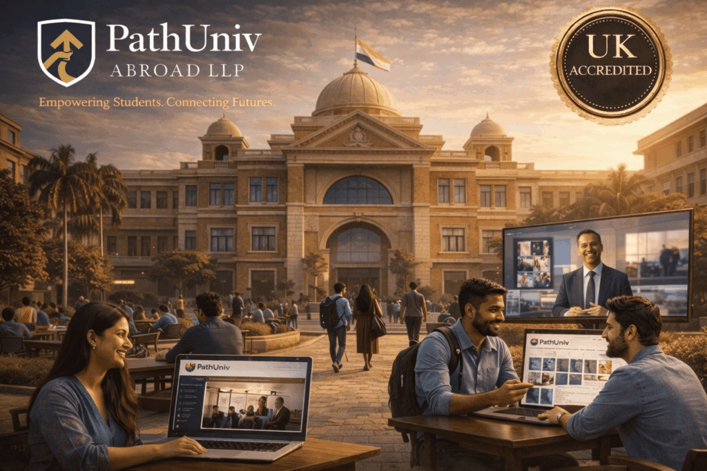Students interacting on a university campus with PathUniv online guidance and UK accreditation badge.