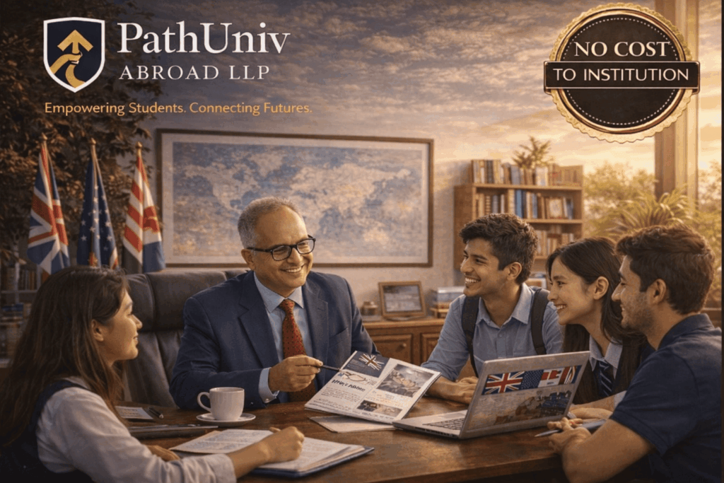 PathUniv Abroad LLP counseling session with students and advisor, no cost to institution.