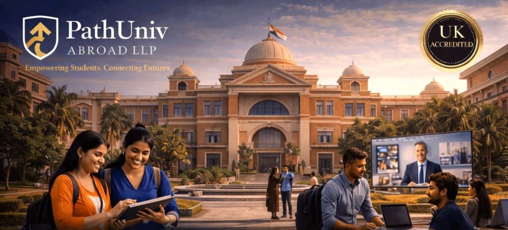 University campus with students and virtual guidance session representing study abroad services.